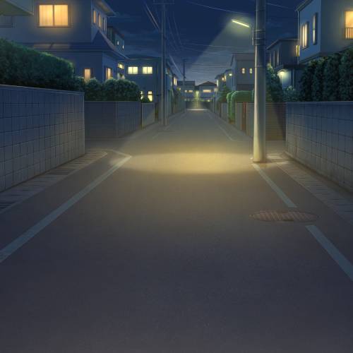 夜中、誰も歩いていない住宅街の道のイラスト