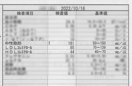 2022年に母が受けた健康診断の結果の内、脂質代謝検査の結果