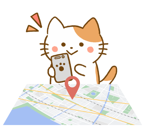 地図上の位置情報をスマホで確認する猫のイラスト