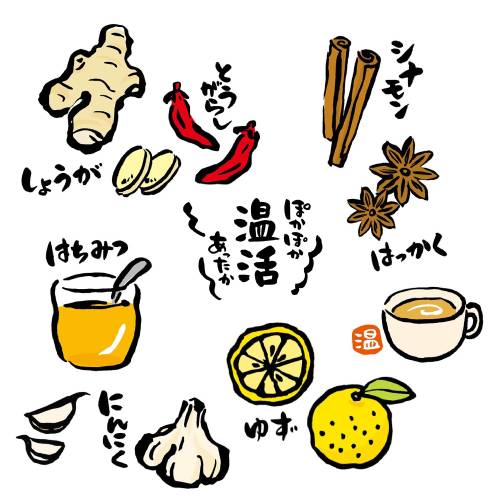 「ぽかぽか、あったか温活」の文字と生姜・唐辛子・シナモン・八角・柚子・蜂蜜・大蒜のイラスト