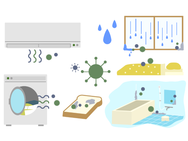 エアコンやフトンやお風呂にカビが生えいるイメージ画像