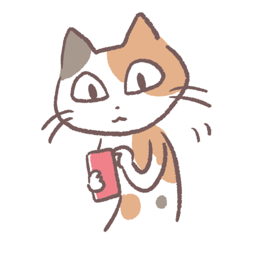 目を大きく見開いてスマホを使う、猫のイラスト