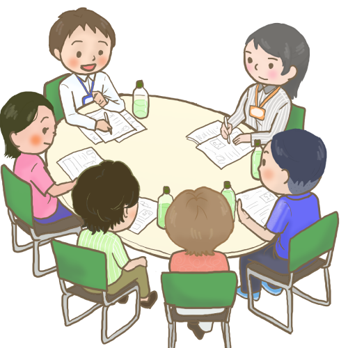 6人の人が丸い机で資料を持ち寄り会議している様子のイラスト