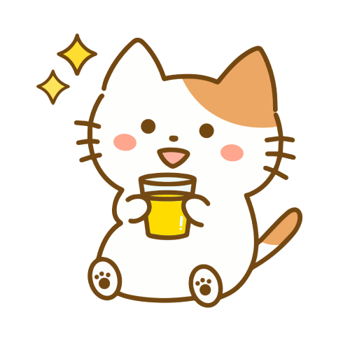 座ってコップからジュースを飲む猫のイラスト