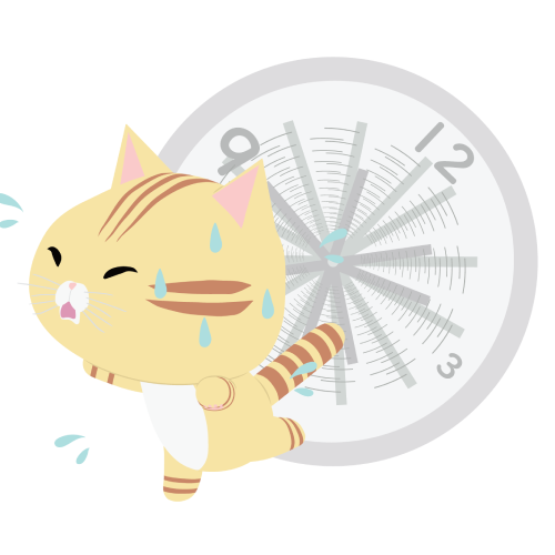 時計の針の動きが速くて、忙しそうに汗かいて動いている猫のイラスト