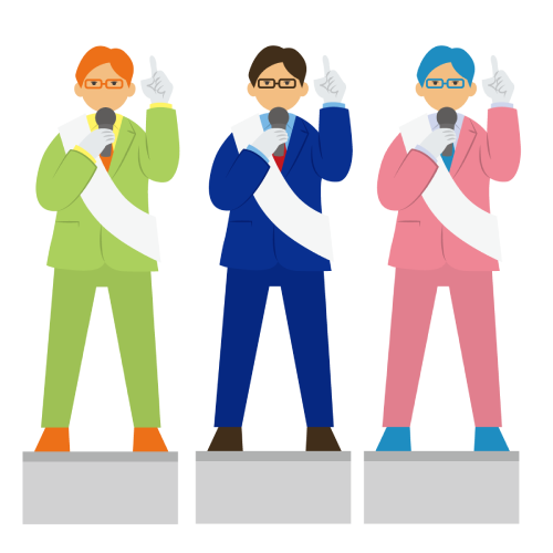 3人の立候補者がそれぞれ街灯演説をしているイラスト