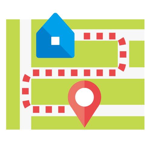 家から目的地まで、遠回りの道筋をたどる線が描かれた地図のイラスト