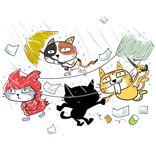 台風の中、傘差したりレインコートを着て耐える4匹の猫のイラスト